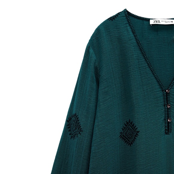 Zara NWT Green Printed Loose Fitting Long Sleeve Dress Large - Picture 13 of 14